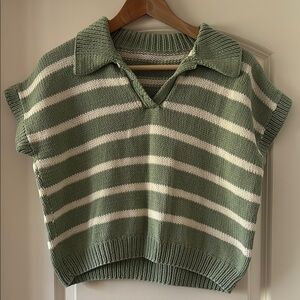 Green and White Striped Knit Sweater Vest